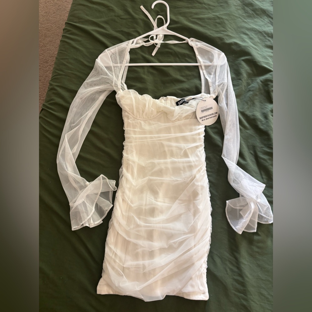 White Ruched Bodycon Mini Dress with Bishop Sleeves